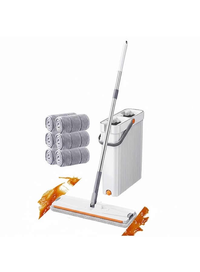 Mop and Bucket Set with Wringer Flat Mop Bucket System for Home Floor Cleaning,6 Reusable Microfiber Pads,Extended Stainless Steel Handle,Ideal for Hardwood,Wood,Laminate Floors,and Bathroom Mop - Image 1